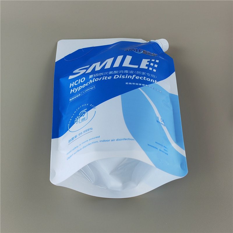 White & Blue Double Stand-Up Spout Pouch with Carry Handle — Custom Laminate Retail Packaging for Personal Care & Cleaning Liquids