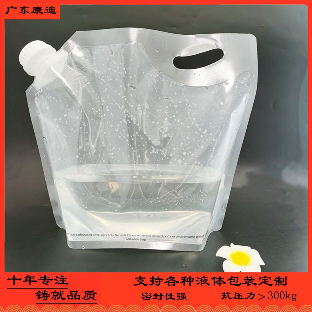 Liquid Packaging: 1–5L Valve Spout Dual-Gusset Stand-Up Pouch with Carry Handle, PET+AL+PA+PE 15–25 μm Laminate for Juice, Wine and Beverages